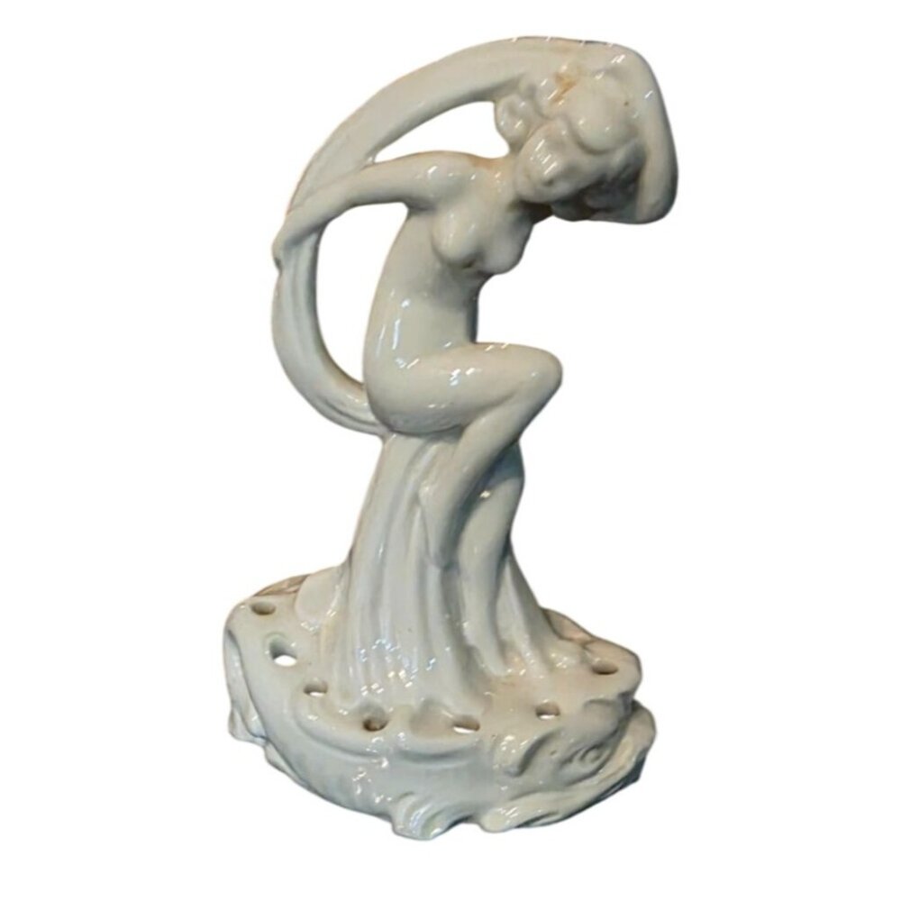 Vintage Flower Frog Ceramic Nude Woman Figurine 4.5" Off-White Glossy Art Deco
